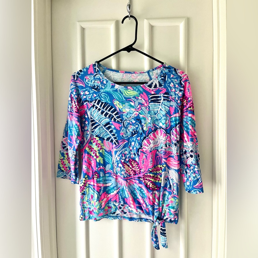 Lilly Pulitzer Tropical Pink Blue Tie Front Long Sleeve Shirt